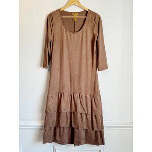 Wrangler Womens Suede Tiered Midi Dress Size Medium 3/4 Sleeve Brown Neutral
